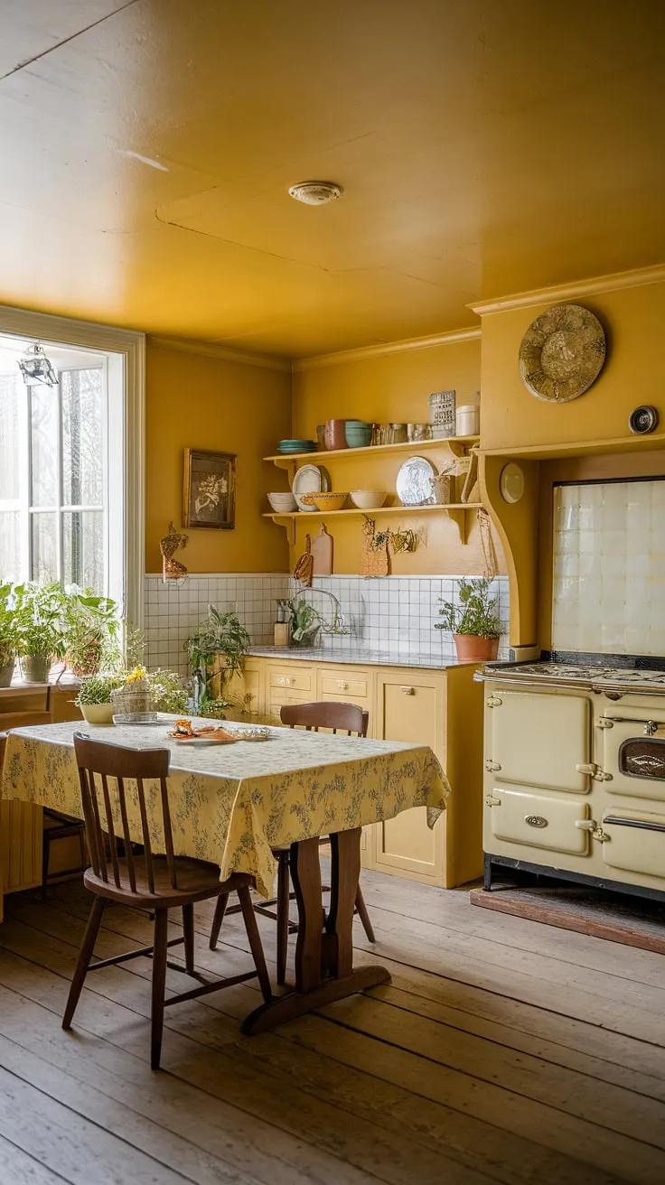 Sun-drenched mornings and the scent of freshly baked bread fill this vintage yellow kitchen, a haven of cottagecore charm. The warmth of the wooden table, adorned with a floral tablecloth, invites lingering conversations and cherished moments. A perfect space to gather, bake, and simply be.