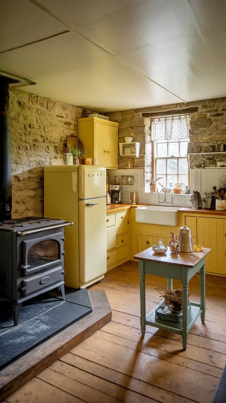 Step back in time in this charming English cottage kitchen. The warmth of the wood-burning stove, the vintage refrigerator humming softly, and the aged stone walls create an atmosphere of cozy comfort; a perfect place to bake a cake and enjoy a cup of tea. A testament to simpler times, this space whispers stories of generations past.