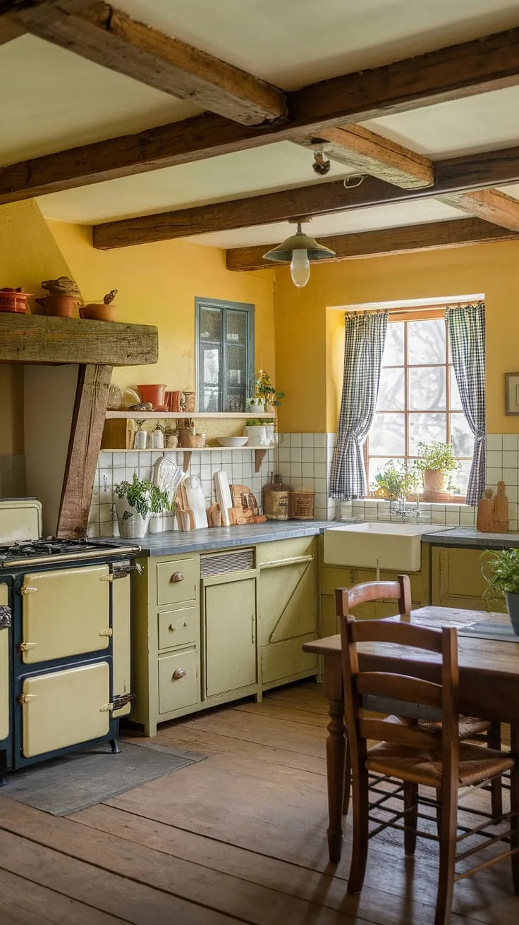 This vintage yellow kitchen, with its exposed wooden beams and stone countertops, whispers tales of simpler times. The mismatched cabinets and wooden table, adorned with potted plants, speak to a life lived with a genuine warmth and character.