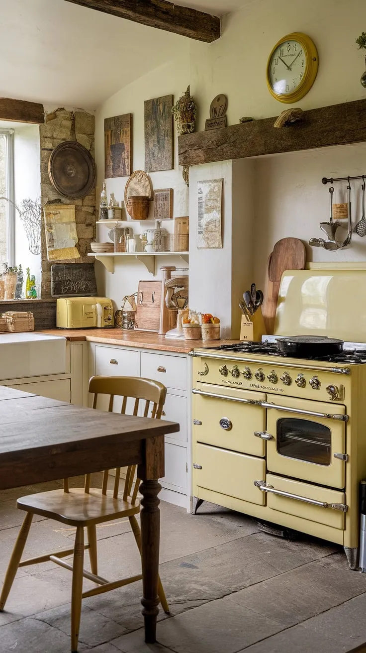 Imagine cozy evenings spent in this delightful yellow kitchen, a true embodiment of cottagecore charm. The aged wood, rustic decorations, and vintage stove create an atmosphere of peaceful simplicity. A perfect retreat, filled with the scent of home-baked treats and happy memories.