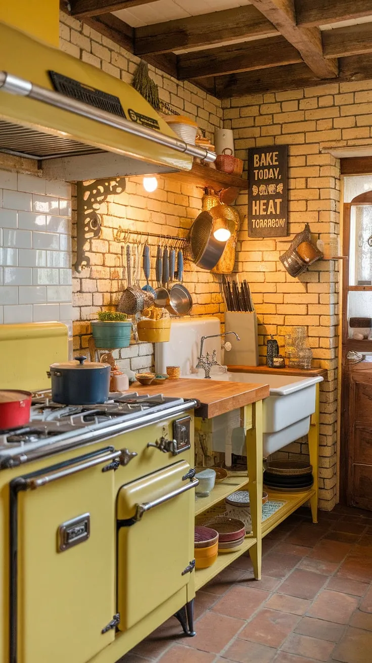 Warm yellow light spills across the rustic wooden countertops, illuminating a vintage kitchen where the scent of baking bread hangs heavy in the air. Copper pots gleam above a worn sink, promising delicious meals made with love. The "Bake Today, Heat Tomorrow" sign perfectly captures the spirit of this cozy, timeless space. A testament to simpler times and enduring charm.