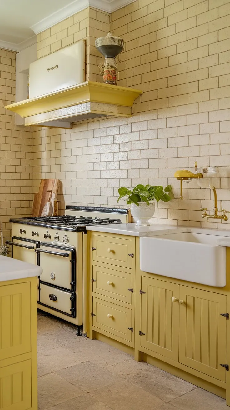 Sun-drenched mornings and the comforting scent of baking bread fill this vintage yellow kitchen. The warm hues of the cabinetry and the aged brick create a cozy country cottagecore haven, a perfect space for creating memories and delicious meals. A simple life, beautifully lived.