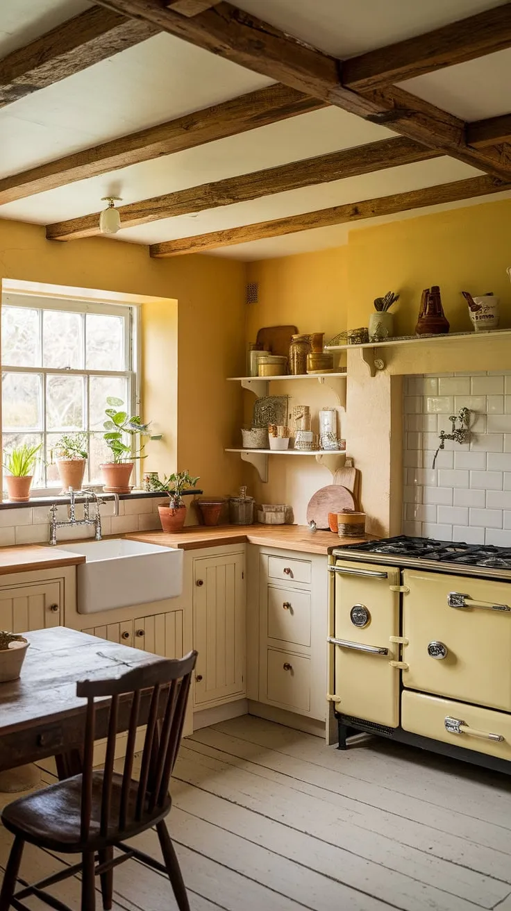Step back in time in this sun-drenched yellow kitchen. White cabinets, a worn wooden table, and potted plants add to the a rustic elegance of this idyllic English cottage space, a haven of vintage charm and simple beauty.