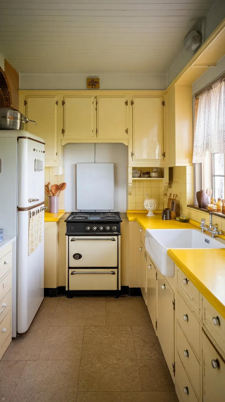 This vintage yellow kitchen is a dream come true. The warm hues, the charming details, and the functional layout create a space that's both aesthetically pleasing and perfectly practical. Every detail, from the white sink to the black stove, speaks to a simpler time, a time of homemade goodness and cherished moments.