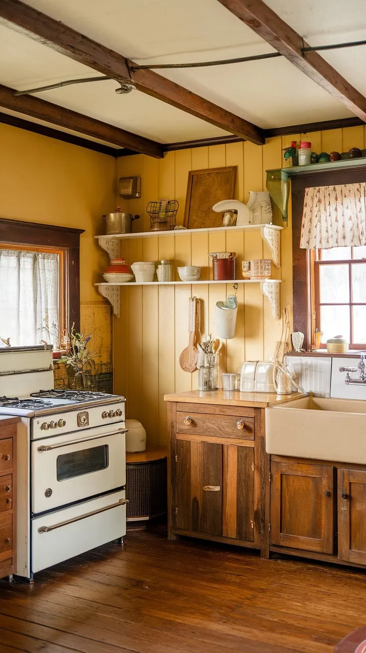 Sunlight streams through the window, illuminating the warm yellow walls and wooden beams of this charming cottagecore kitchen. The vintage white stove and beige sink, nestled amongst the wooden cabinets, whisper tales of simpler times. A comforting space, brimming with rustic charm and the promise of delicious home-cooked meals. A sense of peace pervades this haven.