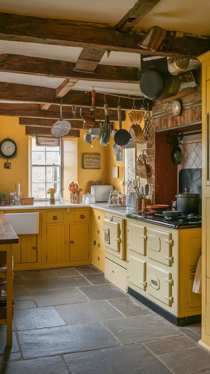 Sunlight streams through the window of this charming English cottage kitchen, illuminating the aged yellow walls and rustic wooden beams. A vintage AGA cooker sits proudly, ready for culinary adventures, while copper pots and pans hang from the ceiling, whispering tales of countless meals prepared within these walls. The stone floor, worn smooth by time, adds to the undeniable character of this idyllic space. A true testament to timeless charm and simple living.