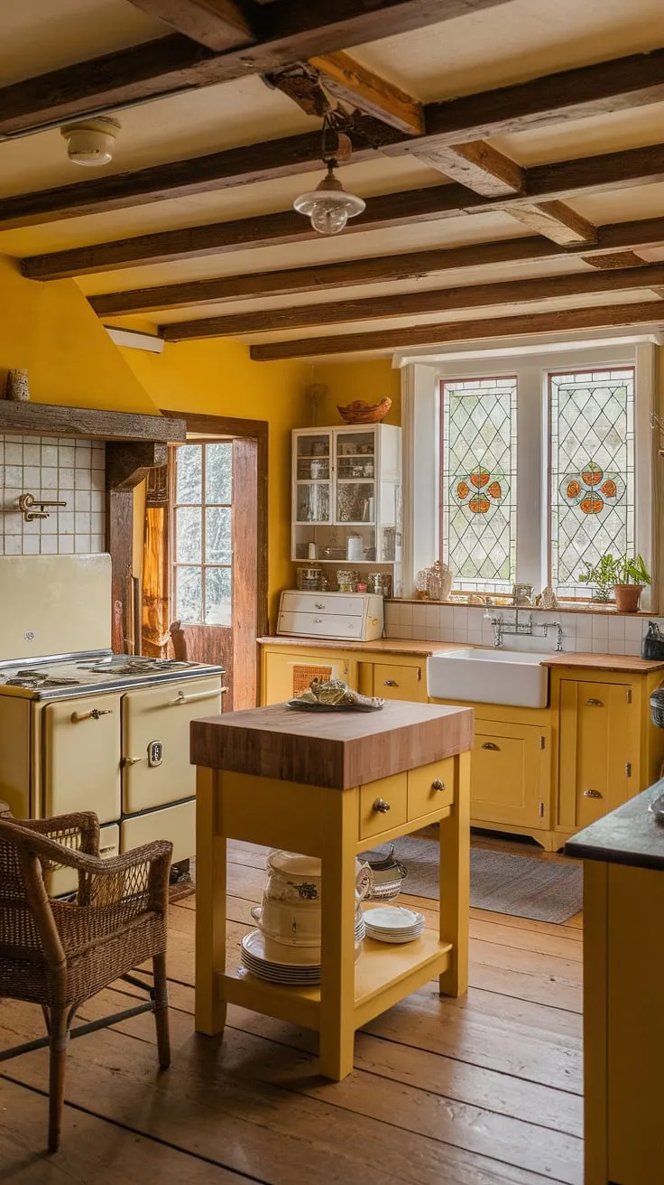 Step back in time in this charming English cottage kitchen. The warm yellow walls, exposed wooden beams, and a stunning stained-glass window create a space brimming with rustic charm and a comforting nostalgia. The butcher block island, farmhouse sink, and vintage stove are a testament to simpler times, while the wicker chair and potted plant add a touch of cozy personality.