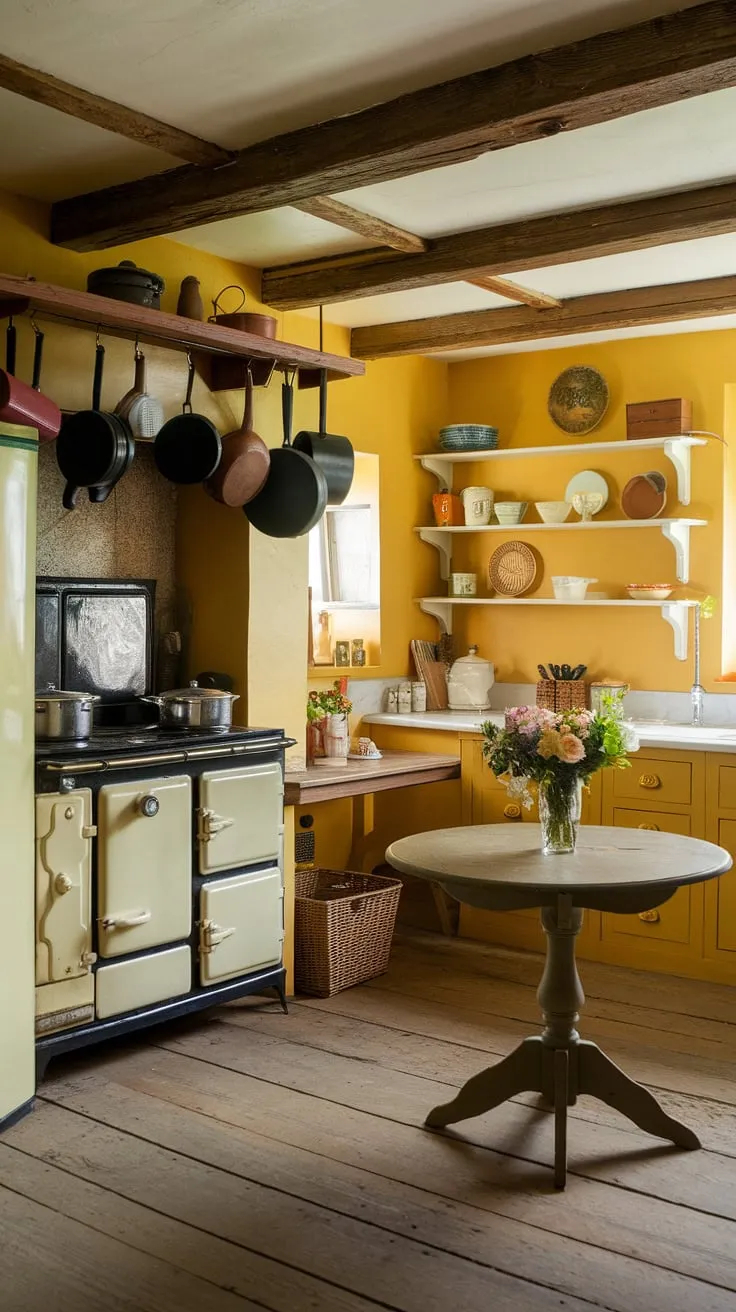 Sunlight streams into this charming yellow English cottage kitchen, warming the aged wooden beams and rustic pot rack. A simple vase of wildflowers brightens the corner table, adding a touch of country elegance to this perfectly preserved space. The vintage stove, a testament to simpler times, sits ready for a comforting meal.