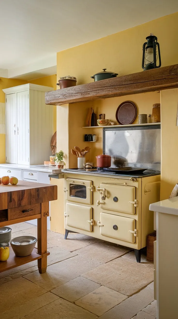 Imagine yourself in this sunlit English cottage kitchen. A symphony of warm yellow, aged wood, and the comforting aroma of home-cooked meals. The vintage stove, a centerpiece of this charming space, promises delicious creations. A cozy retreat, A place to gather, A kitchen filled with love and laughter.