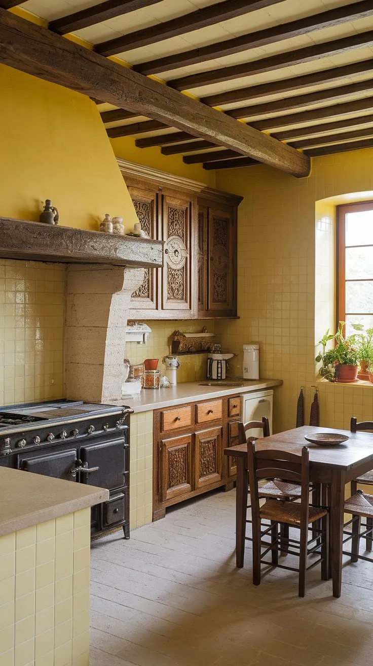Step back in time in this sun-drenched yellow kitchen, where rustic charm meets vintage elegance. The intricate wood carvings on the cabinets, the warmth of the stone fireplace, and the aged stove create a space brimming with character and history. A perfect spot for creating culinary memories.