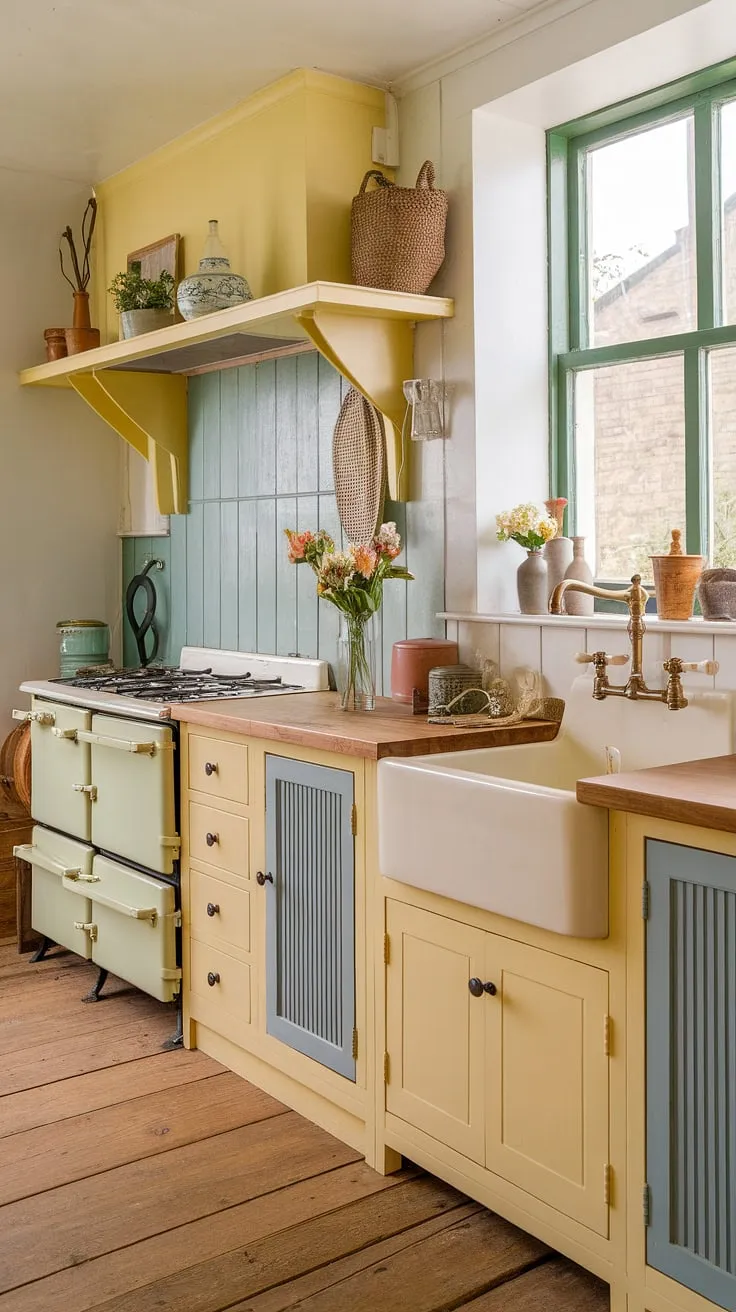 Sunlight streams through the green window of this delightful vintage kitchen, illuminating the cheerful yellow cabinets and wooden countertops. The blue cupboard door adds a touch of whimsy, while the rustic details and simple decor create a space brimming with warmth and old-world charm. A perfect spot for creating memories and enjoying the simple pleasures of life.