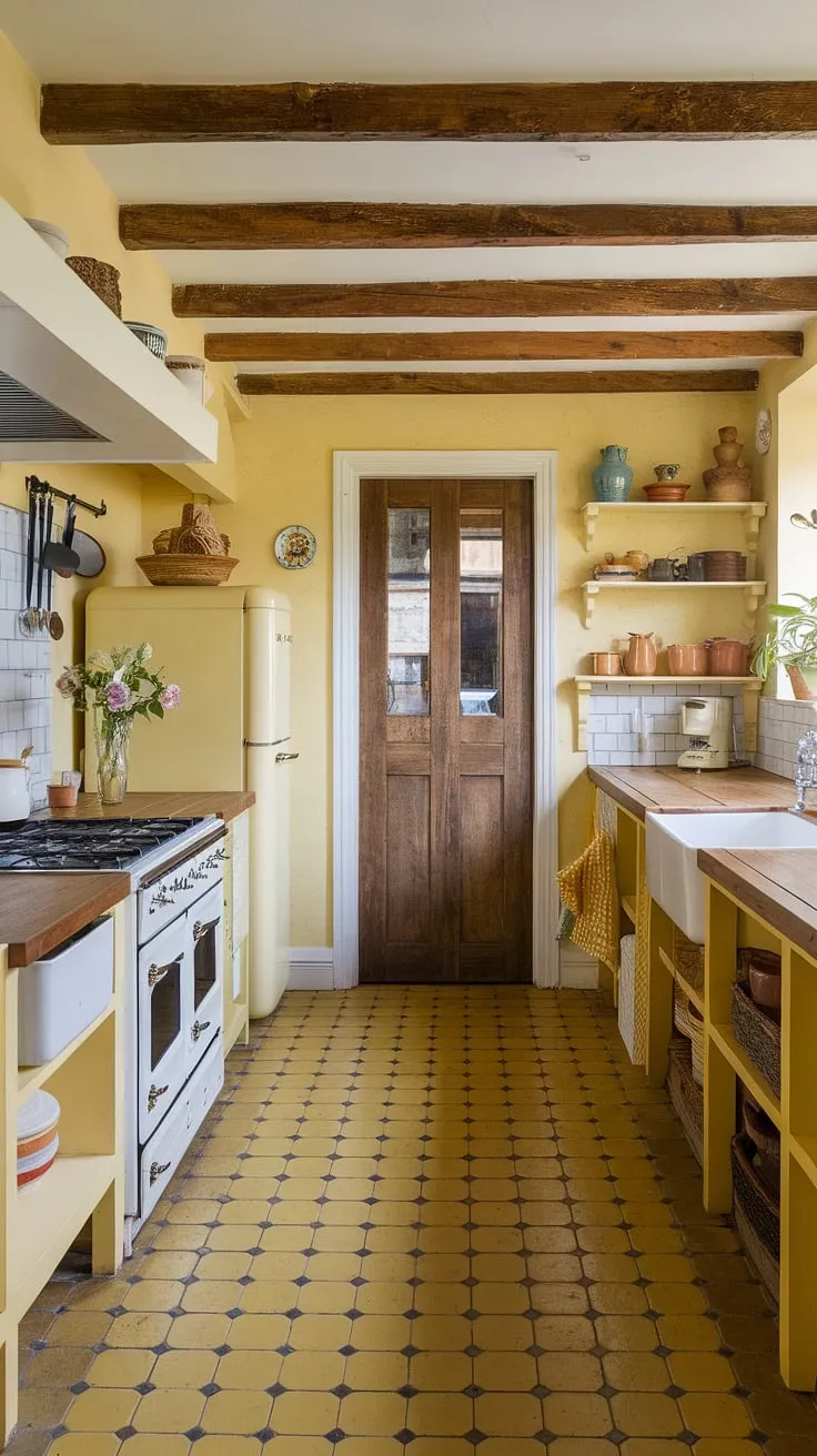 Step back in time in this sun-drenched yellow kitchen, where rustic charm meets country cottagecore. The vintage appliances, wooden beams, and cheerful checkered floor create a space brimming with warmth and nostalgia. A perfect blend of old-world elegance and modern functionality.