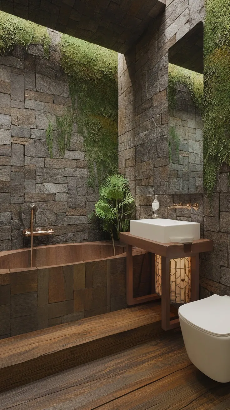 This wabi-sabi bathroom showcases luxury design with a wooden bathtub, stone walls adorned with green moss, and rustic wooden flooring, offering inspiring decor for a unique washroom experience.