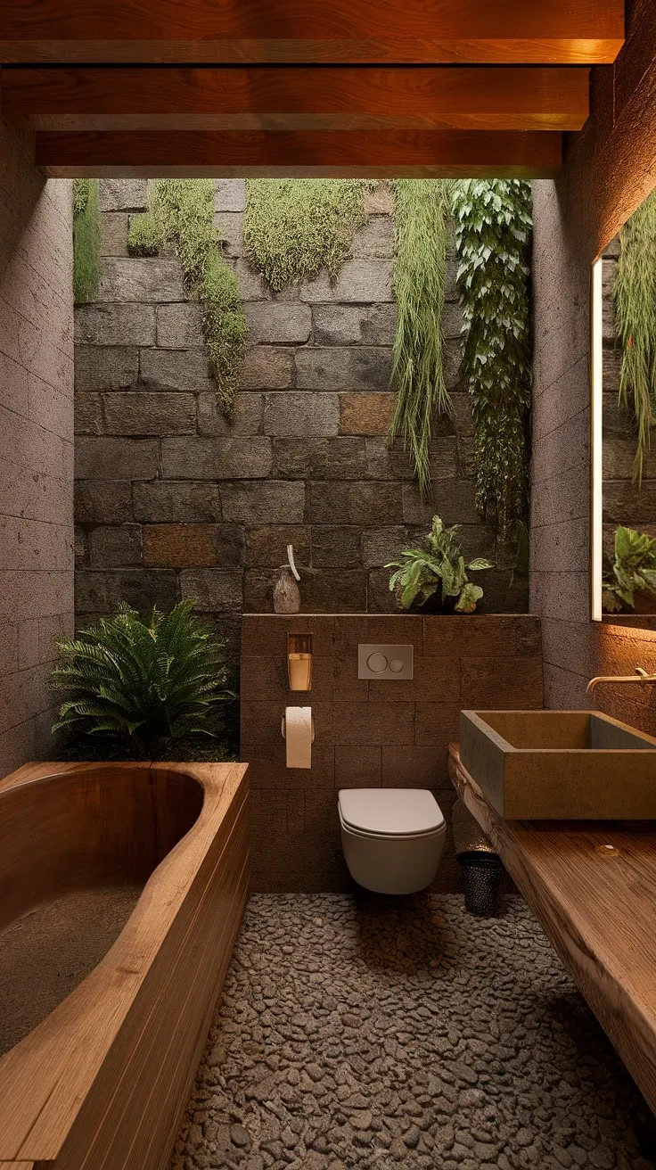 This wabi-sabi bathroom showcases rustic luxury with a wooden bathtub, concrete sink, and stone walls adorned with moss, offering unique bathroom design inspiration.