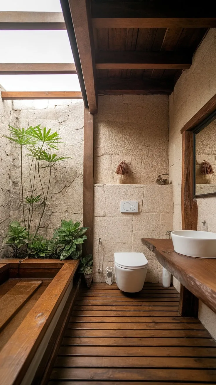 The wabi-sabi interior of this bathroom features a wooden floor and bathtub, complemented by a simple white toilet and sink, creating a tranquil space for luxurious bathroom decor.