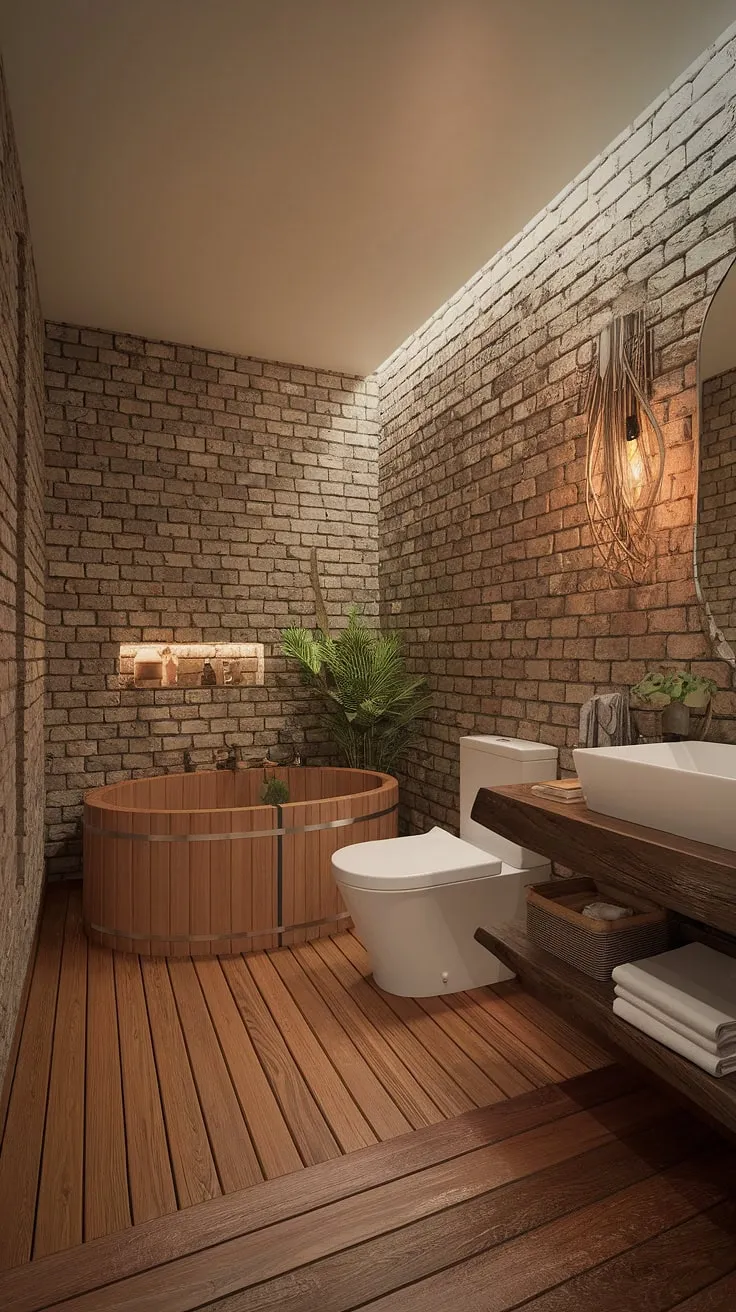 This wabi-sabi bathroom showcases luxury design with rustic brick walls, a wooden bathtub, and warm lighting, offering inspiring bathroom decor ideas.