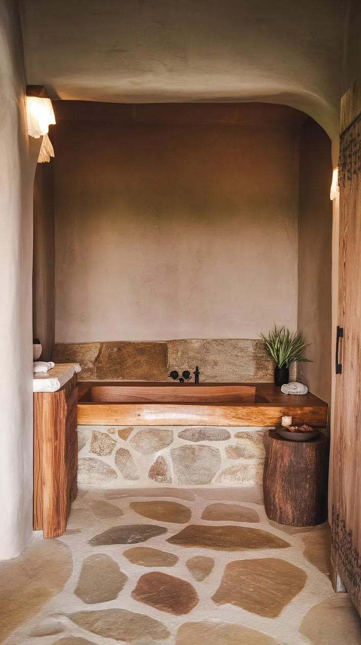 The wabi sabi interior features a beautifully designed washroom with a wooden bathtub, textured walls, and organic decor, creating a unique toilet design that exudes luxury.