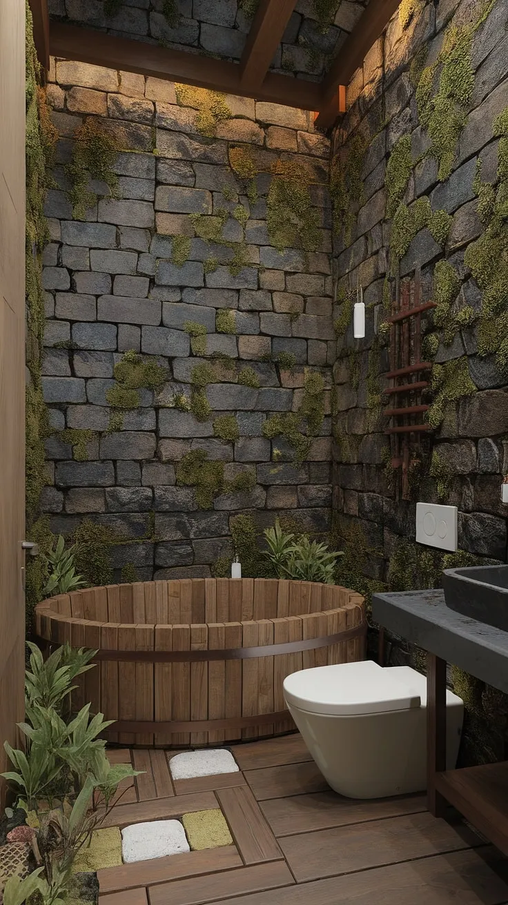 A rustic wabi-sabi bathroom design featuring a wooden bathtub, stone walls adorned with moss, and soft lighting offers luxurious bathroom inspiration with natural decor elements.