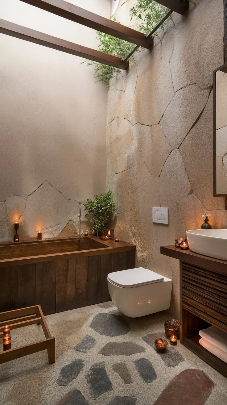 The bathroom showcases wabi-sabi interior elements with a wooden bathtub and stone accents, offering luxurious bathroom inspiration that harmonizes rustic charm and modern toilet design.