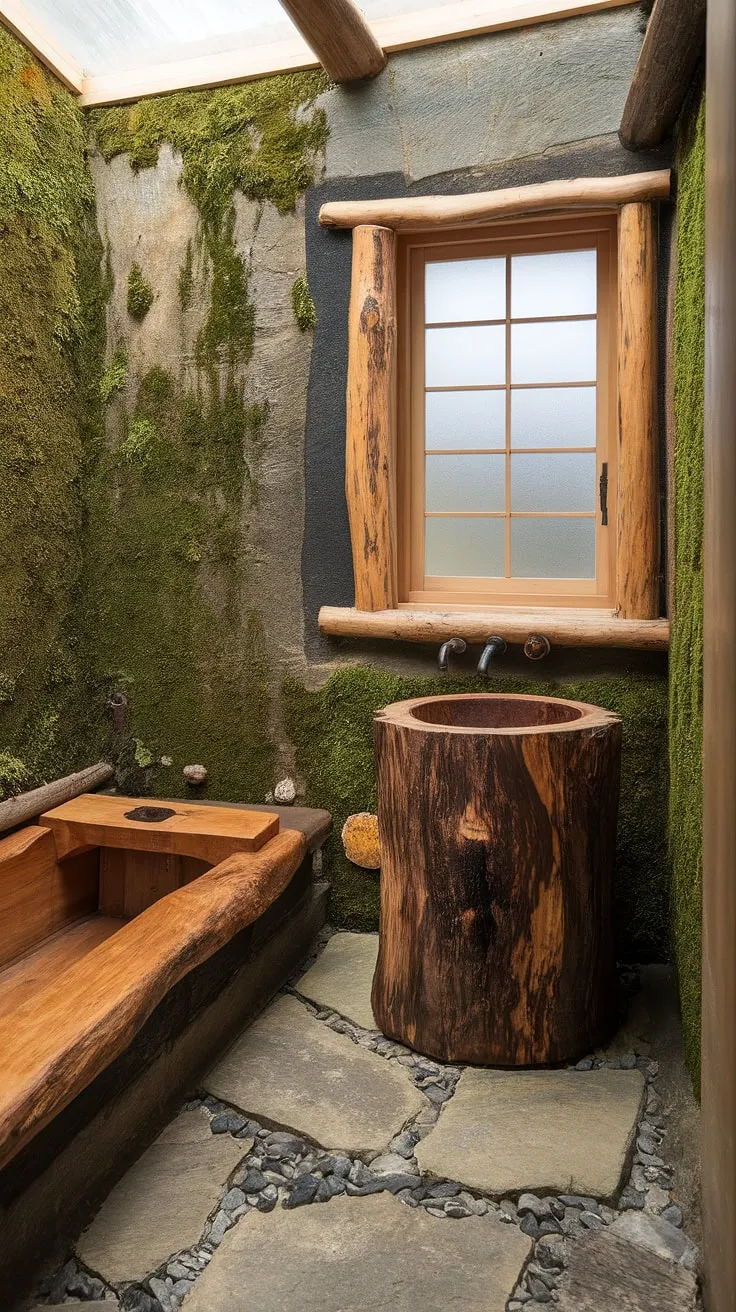 Experience the tranquil beauty of a wabi sabi bathroom, where rustic Japanese-inspired design meets luxurious bathroom decor through natural stone, a wooden bathtub, and a unique washbasin crafted from a tree trunk.