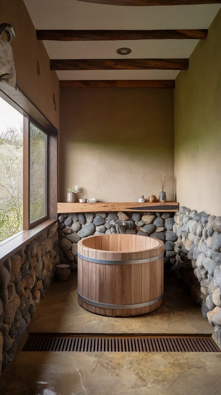 This wabi-sabi bathroom design features a freestanding wooden bathtub and stone walls, creating a luxurious washroom decor that harmonizes with nature.