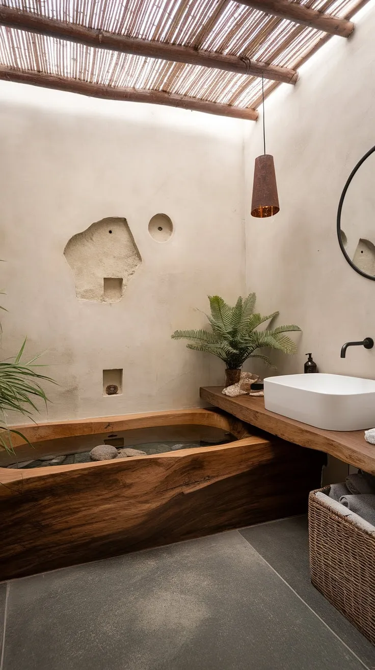 This wabi-sabi bathroom showcases luxury through its minimalistic design, featuring a wooden bathtub, natural stones, and rustic decor that inspires a harmonious washroom aesthetic.