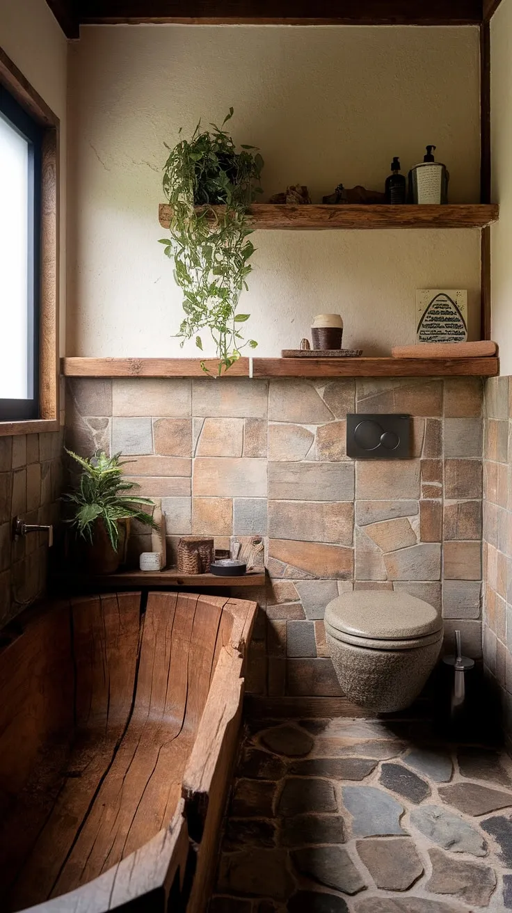 This wabi-sabi bathroom design showcases rustic elegance with a wooden bathtub, textured toilet, and irregular tile patterns, offering luxurious bathroom inspiration.