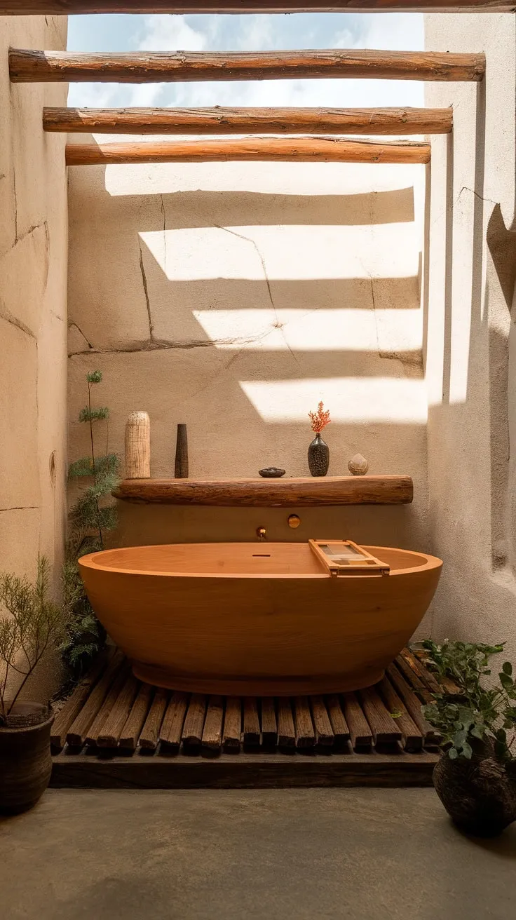 This wabi-sabi interior showcases a stunning luxury bathroom featuring a wooden bathtub, rustic stone walls, and polished concrete floors, creating a unique and inviting toilet design.