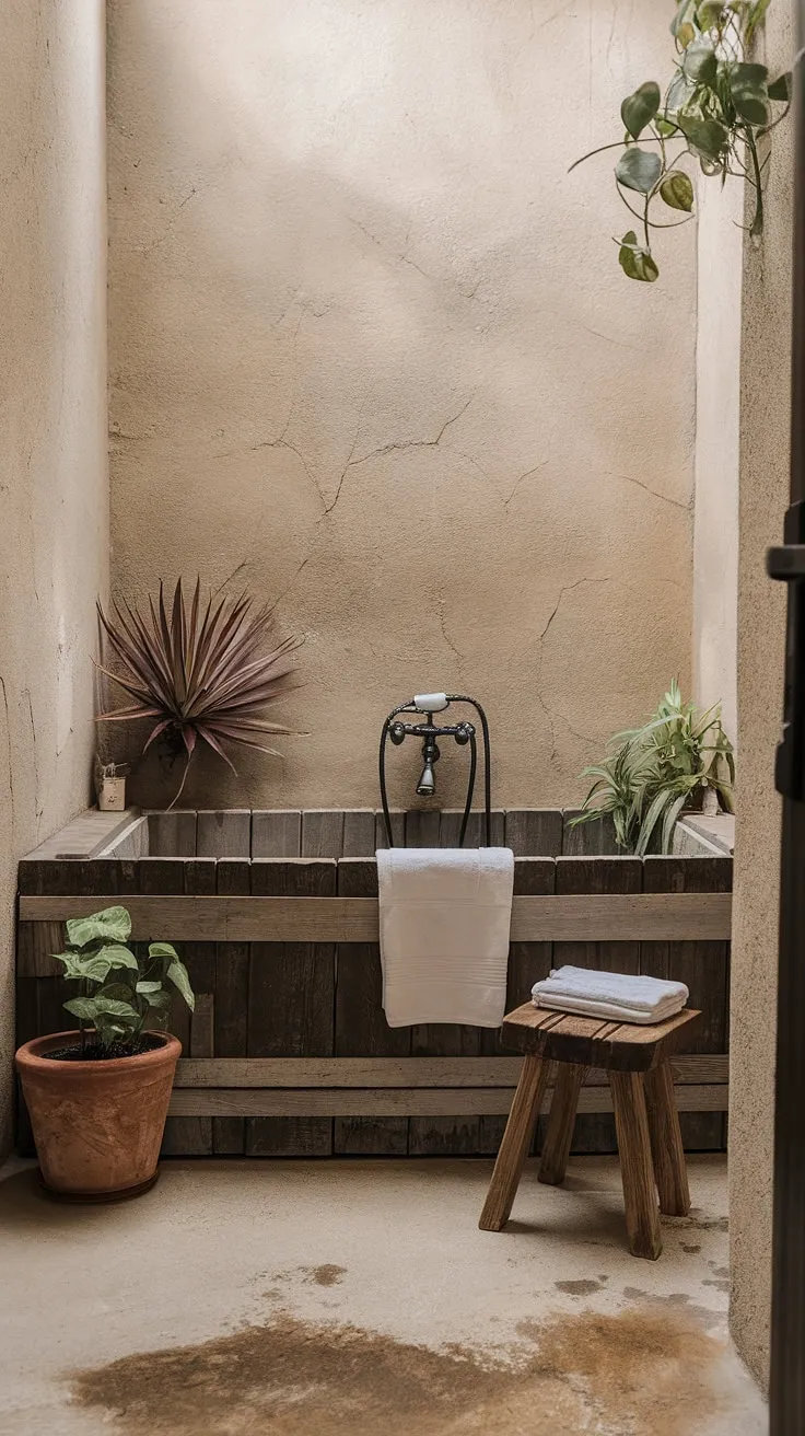 The wabi-sabi interior of this bathroom features a beautifully imperfect wooden bathtub and stone elements, creating a luxurious washroom design that inspires with its natural decor.