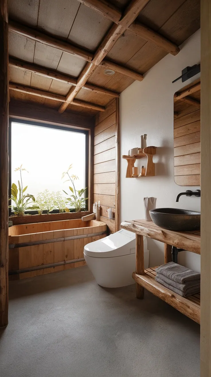 Featuring a harmonious blend of wood and concrete, this wabi-sabi interior elevates bathroom design with its simple yet luxurious aesthetic, perfect for a calming toilet design.