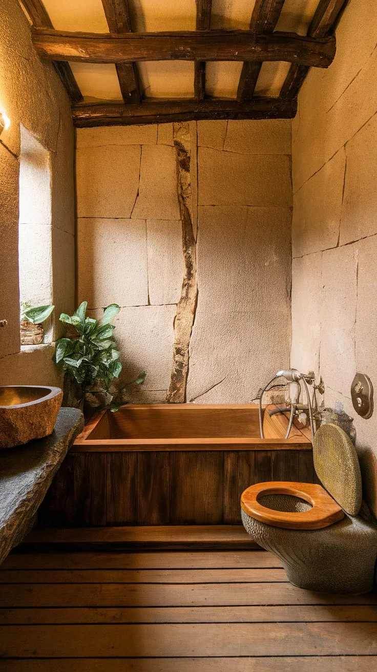 This wabi-sabi bathroom showcases rustic interior elements like a wooden bathtub and stone sink, offering luxurious bathroom design inspiration with its unique toilet design and warm lighting.
