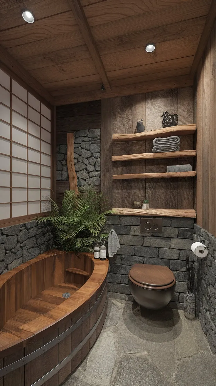 This wabi-sabi bathroom design features a rustic wooden bathtub, traditional Japanese toilet, and natural elements that inspire luxurious washroom decor.