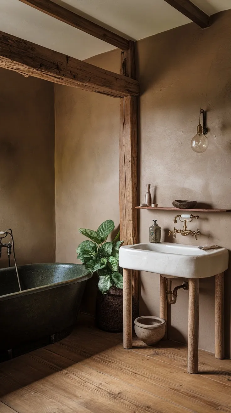 The wabi-sabi interior of this luxury bathroom showcases a wooden floor, textured walls, and carefully curated decor, offering a unique blend of rustic charm and sophisticated toilet design.
