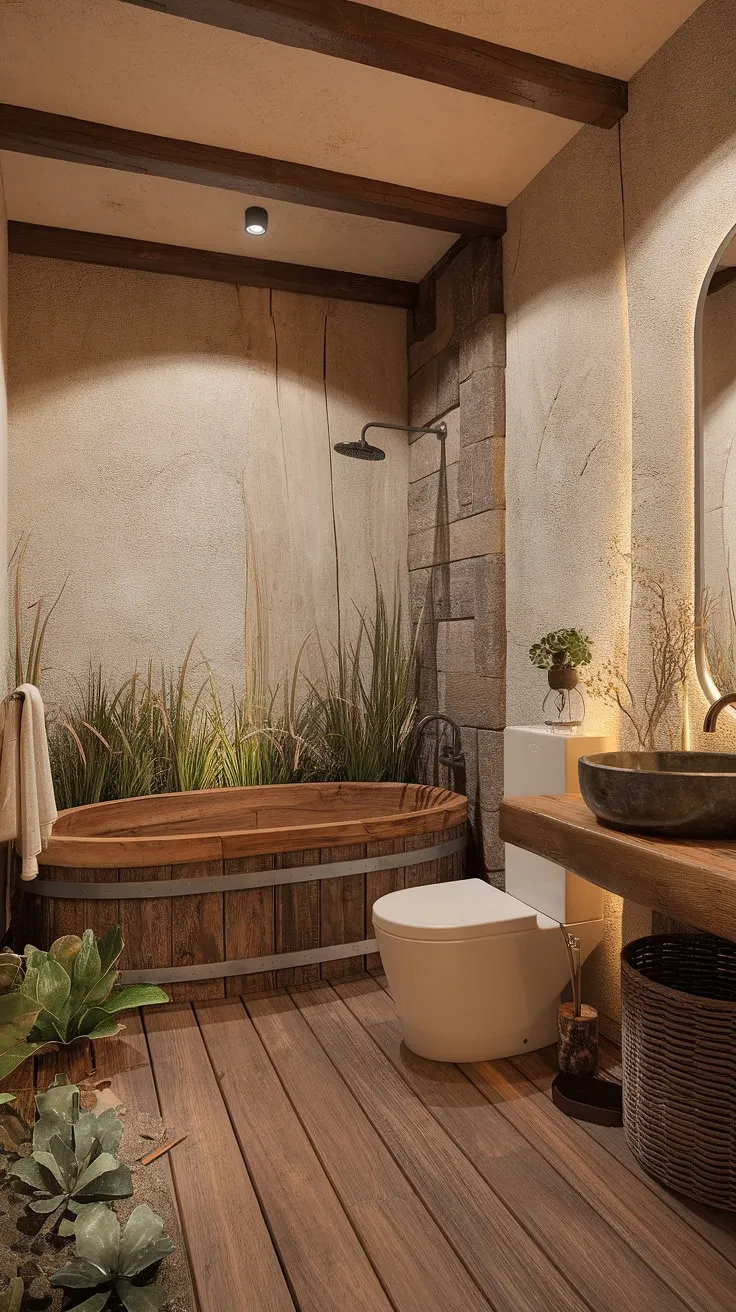 This wabi sabi bathroom design showcases rustic charm with natural materials, featuring a wooden bathtub and sink that highlight imperfections, creating luxurious bathroom decor and inspiration.
