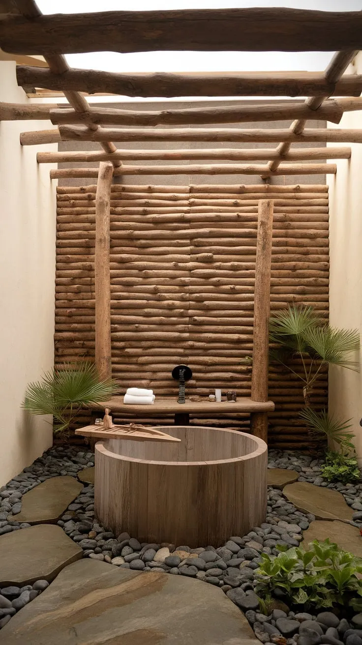 This wabi sabi bathroom showcases luxury design through its wooden bathtub, natural textures, and minimalistic decor, creating an inspiring washroom oasis.