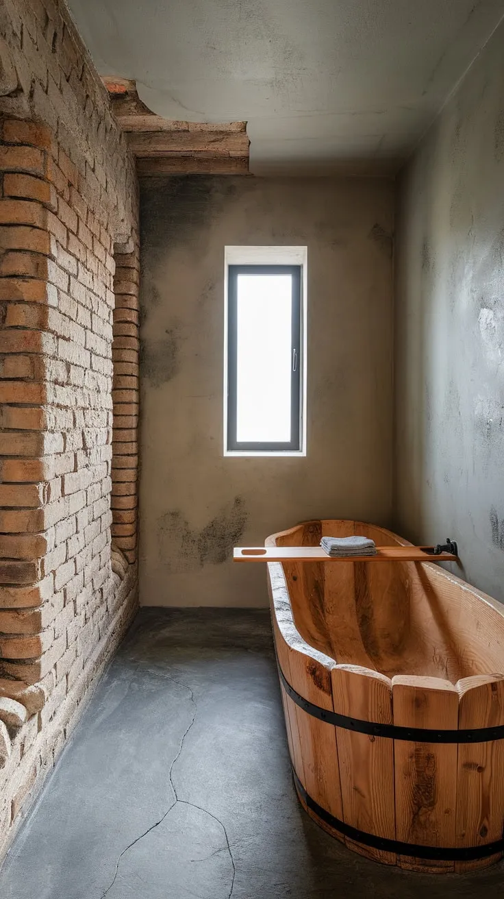 This wabi-sabi bathroom design showcases rustic charm with a wooden bathtub and exposed brick walls, offering luxurious bathroom inspiration through its natural imperfections and minimalistic decor.