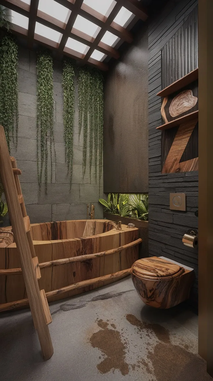 This wabi sabi interior showcases a luxurious bathroom design with a wooden bathtub, unique toilet, and organic decor elements that inspire tranquility.