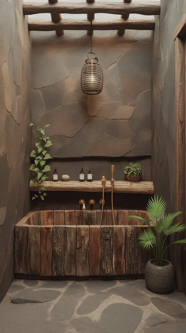 The wabi sabi bathroom features a rustic aesthetic with a wooden bathtub and stone accents, creating a luxurious yet earthy atmosphere for bathroom design inspiration.