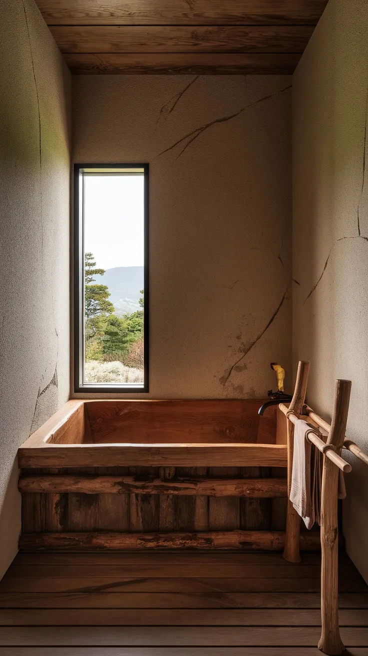 This wabi-sabi interior showcases a unique bathroom design that harmonizes rustic elements with luxury, featuring a wooden bathtub and a tranquil view.
