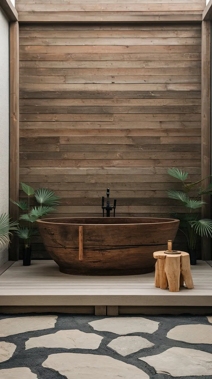 This wabi-sabi bathroom design showcases luxury through its natural stone floor, rustic wooden walls, and a freestanding dark wood bathtub, creating a unique washroom decor that inspires minimalist elegance.