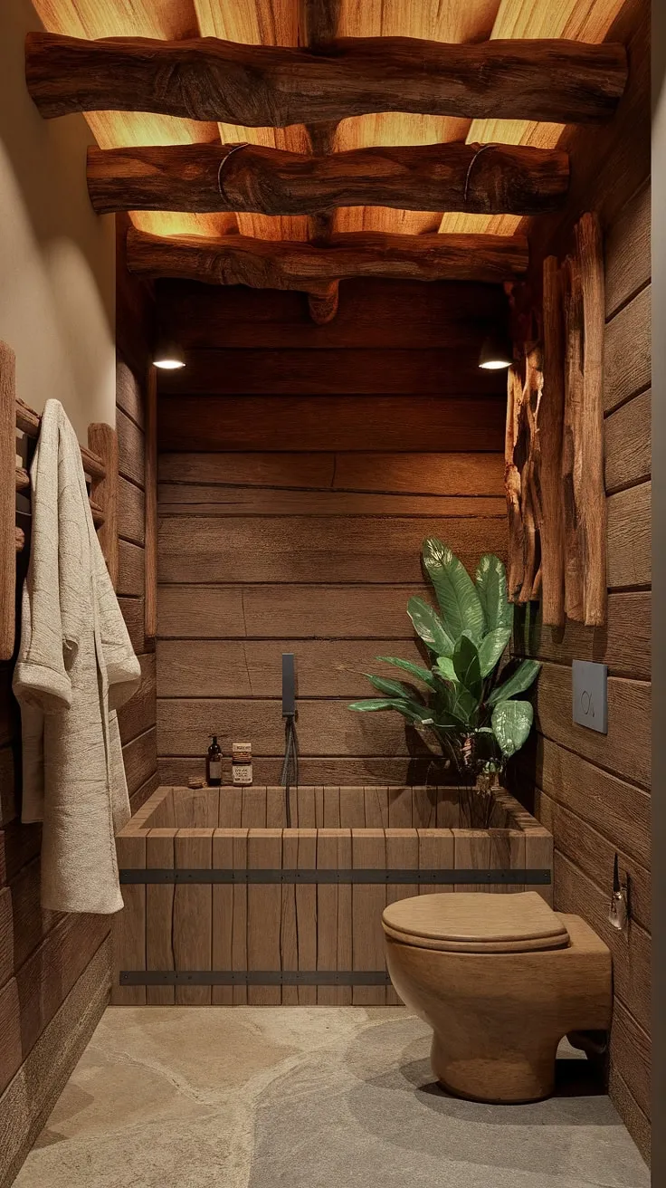 This wabi-sabi bathroom showcases rustic elegance with a wooden bathtub, natural materials, and warm lighting, offering luxurious bathroom inspiration for a unique washroom design.
