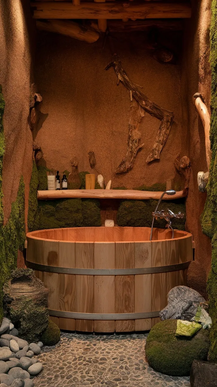 Experience the luxury of wabi-sabi bathroom design with a wooden bathtub and natural elements that create a harmonious washroom decor.