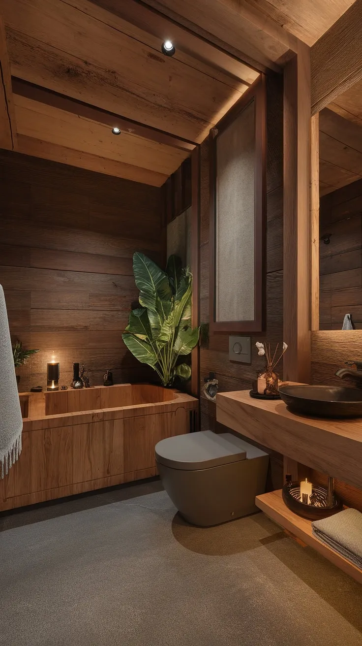 This wabi-sabi interior showcases a stunning bathroom design with natural materials, including a wooden bathtub and stone accents, creating a luxurious yet minimalist atmosphere.