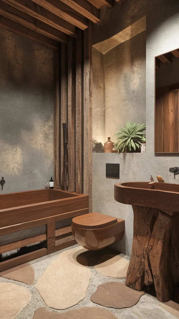 The bathroom design exudes wabi sabi elegance through its wooden fixtures, imperfect concrete walls, and organic decor, creating a unique and inspiring space.