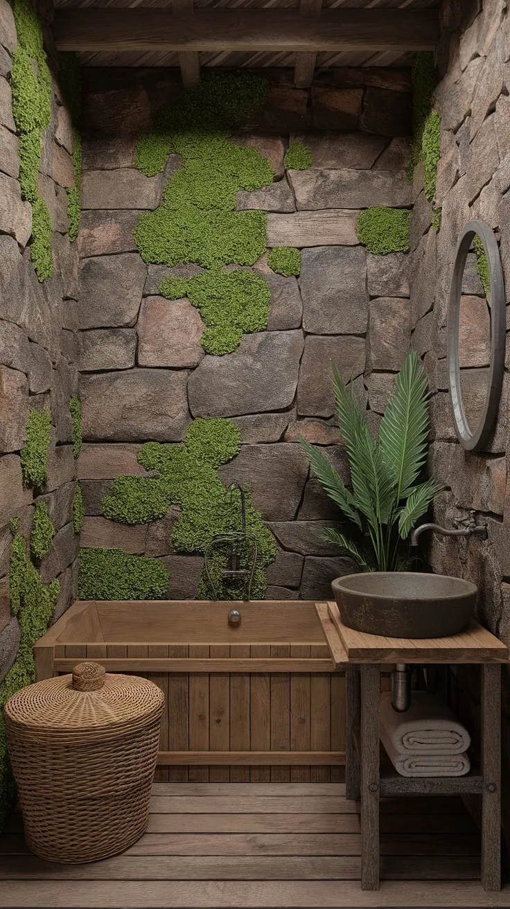 This wabi-sabi bathroom design features rustic elements like a wooden bathtub and vintage sink, creating a luxurious washroom decor that inspires tranquility.