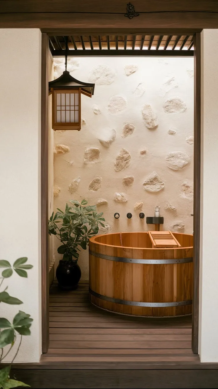 This wabi sabi bathroom features a wooden bathtub, natural stone walls, and a potted plant, creating a minimalistic yet luxurious washroom design that inspires elegant bathroom decor.