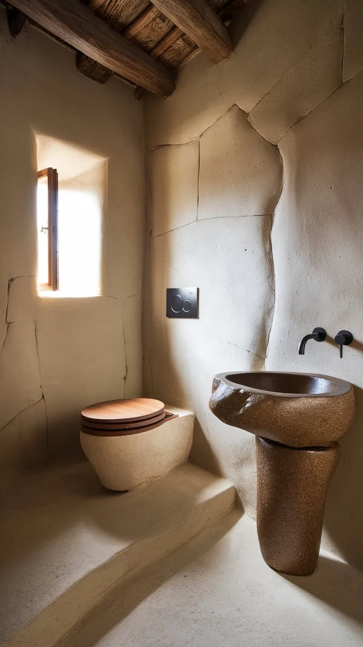 Experience the beauty of a luxury wabi sabi bathroom where rustic design meets unique toilet and sink shapes, creating inspiring washroom decor.