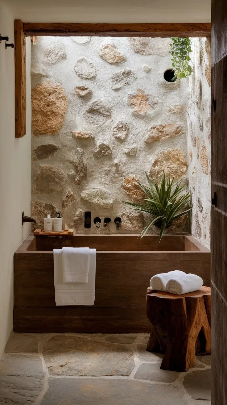 This wabi-sabi bathroom showcases luxury design with rustic elements like a wooden tub, stone wall, and natural decor for inspiring washroom aesthetics.
