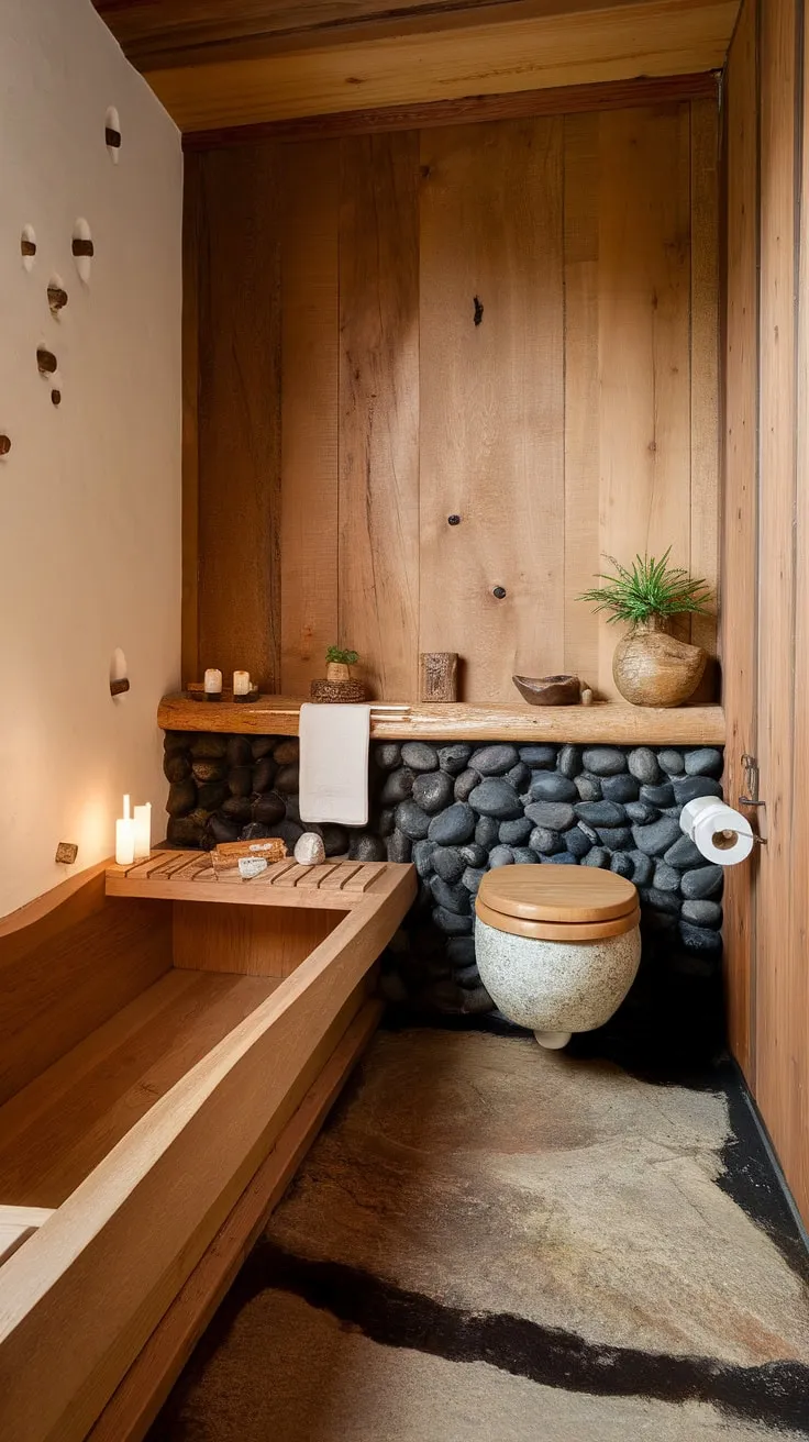 This wabi-sabi bathroom design features a wooden bathtub, natural stone flooring, and rustic decor, offering luxurious bathroom inspiration that harmonizes simplicity and elegance.