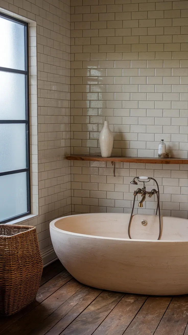 The wabi sabi interior of this bathroom showcases a stunning freestanding tub and natural materials, offering inspiring bathroom design that exudes luxury and tranquility.